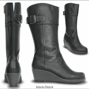 Crocs Leather A-Leigh Black Wedge Boots